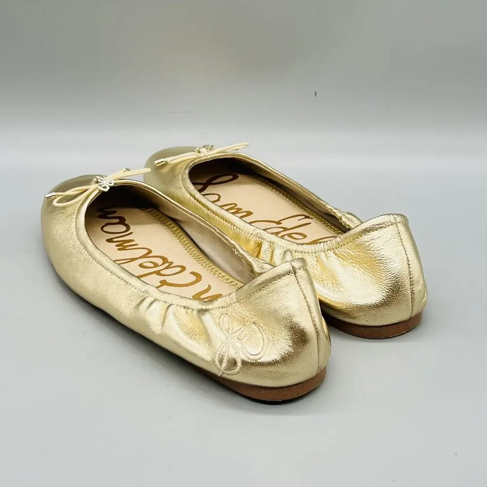 Sam Edelman Shoes Girls 4 Gold Metallic Ballet Flats Bow Slip On Dressy Casual